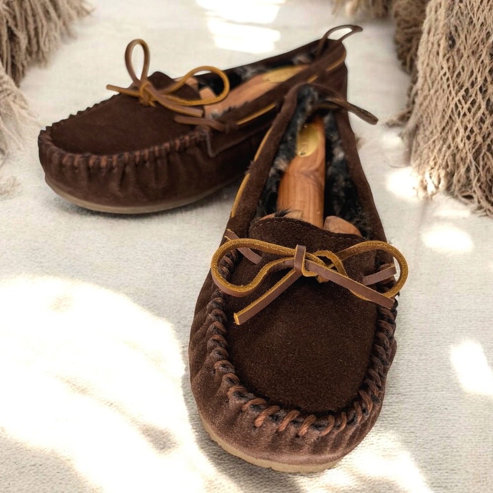 Minnetonka Cally Shoes Women 8 Brown Suede Faux Fur Lined Moccasin Slippers Flat